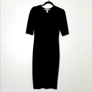 Diane Von Furstenberg Black V- Neck‎ Midi Sheath Dress w/ Front Center Slit Sz 2